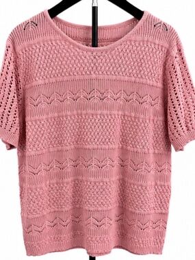 Pink Crochet Knit Short Sleeve Sweater Top XL